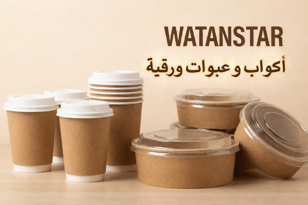 أكواب وعبوات من الورق البني